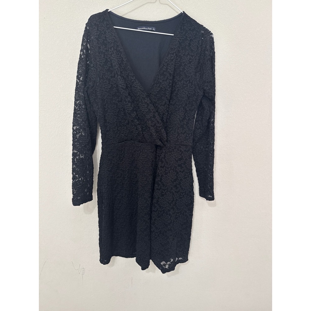 Abercrombie & Fitch Lace Mini Dress Womens Large Black Long Sleeve V-Neck LBD